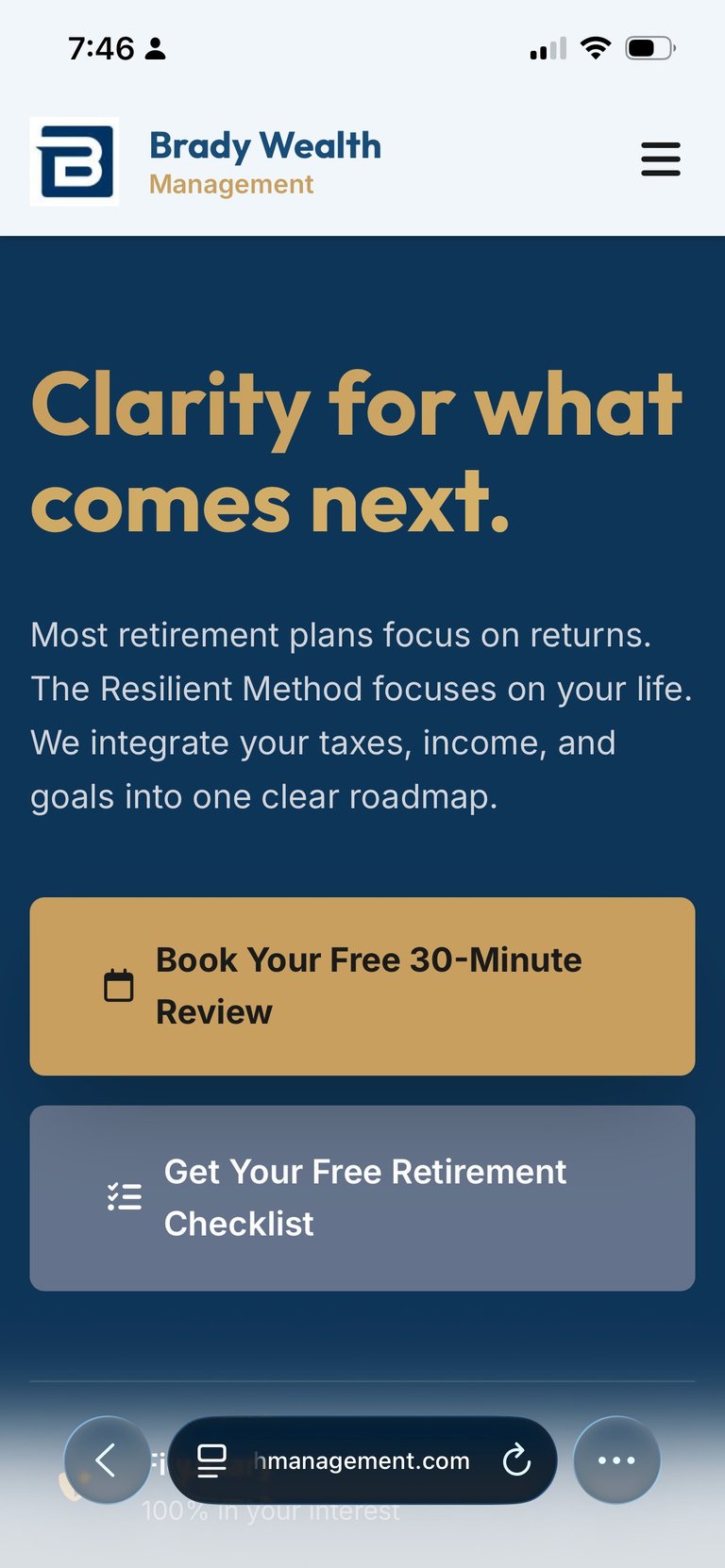 Brady Wealth Management mobile app screen showing Clarity retirement planning with options to book a free review or get a retirement checklist