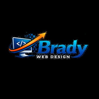Brady Web Solutions logo featuring computer code symbol, swoosh arrow, and blue text on black background